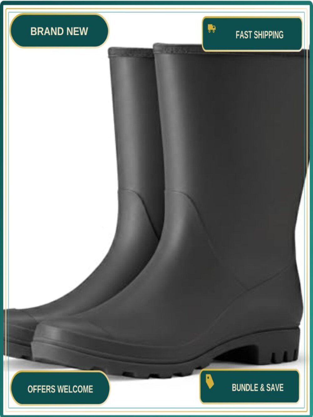 Wide Calf Rain Boots Waterproof Rubber Wellington Women Mid-Calf Pull-On